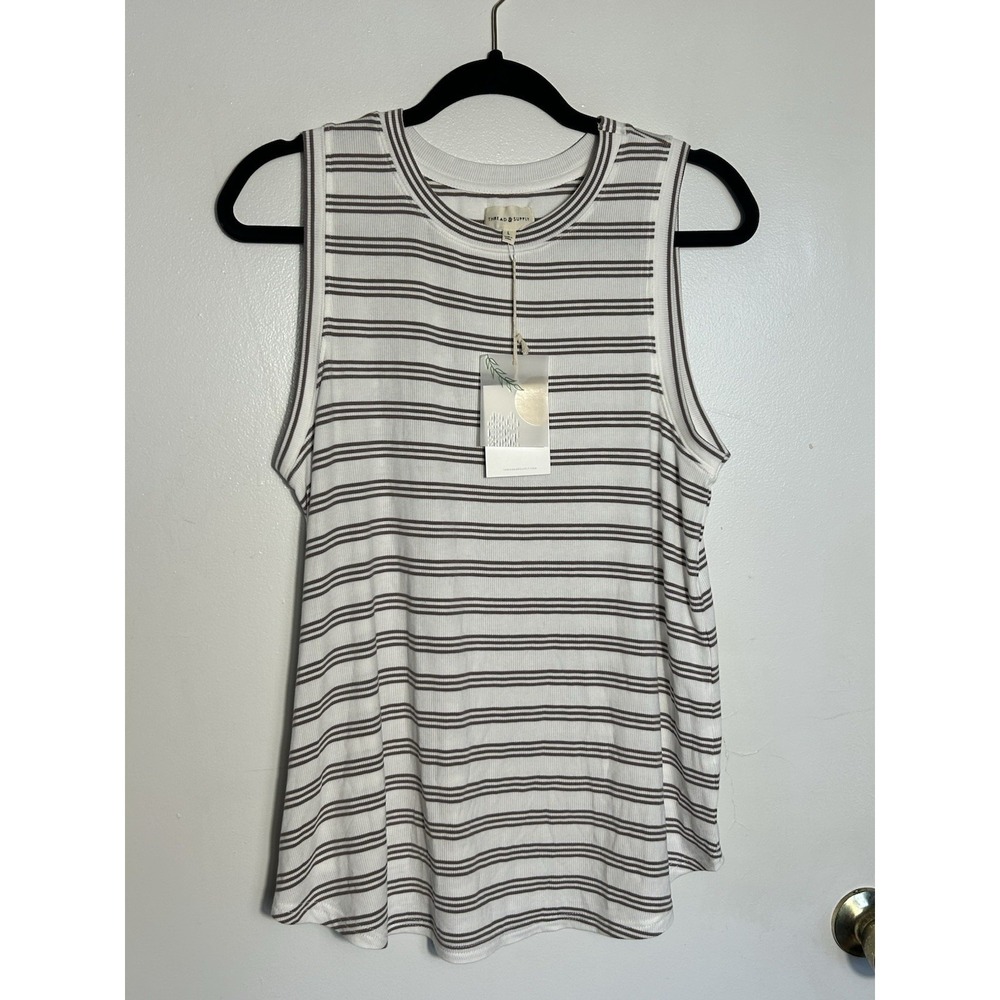 Thread & Supply Striped Ribbed Tank Top‎ Large L White Taupe Micro-Modal Soft
